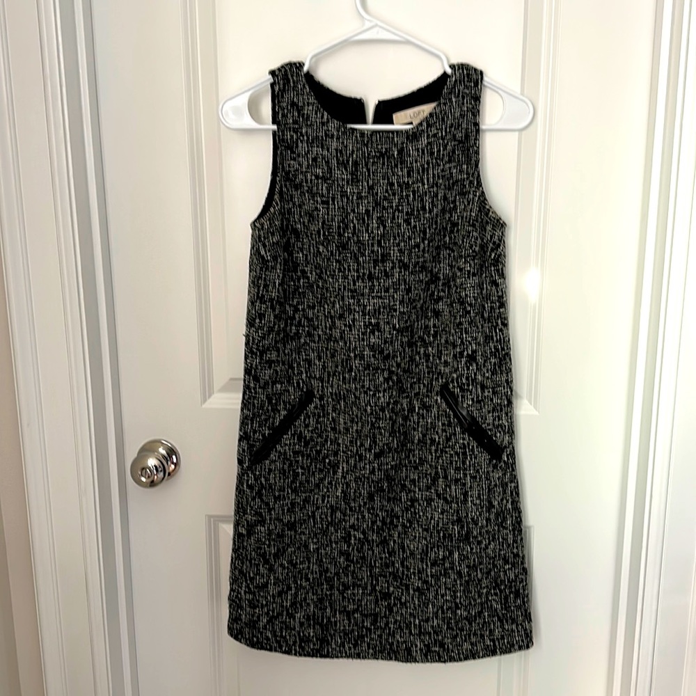 Ann Taylor LOFT black cotton tweed sleeveless dress with faux leather trim sz 2